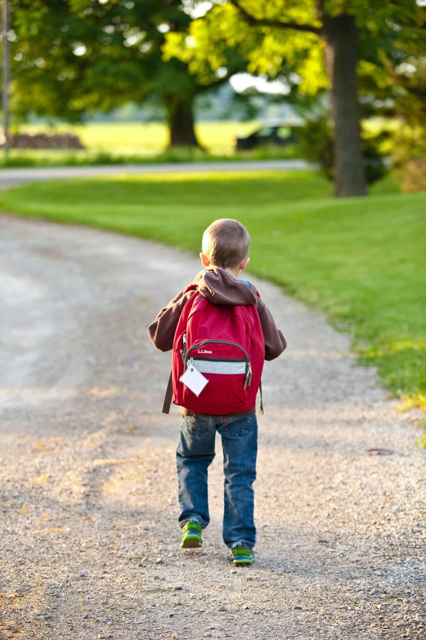 A young boy on his way to school with a new knapsack on his back