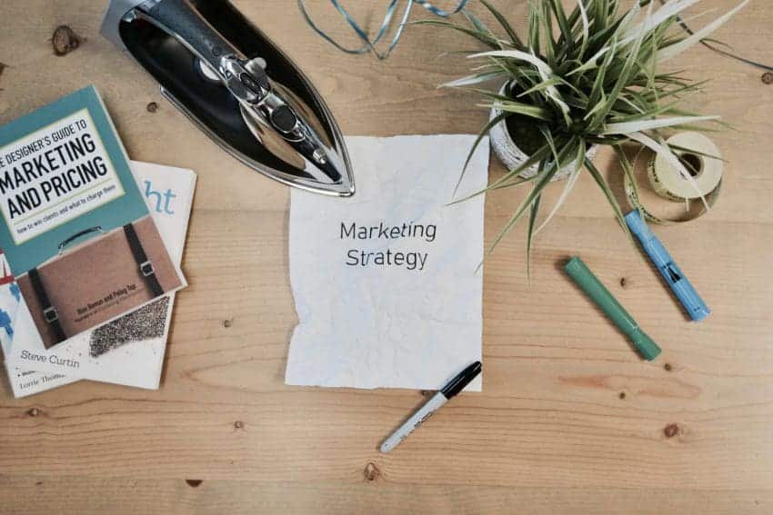 Marketing strategy written on paper on desk