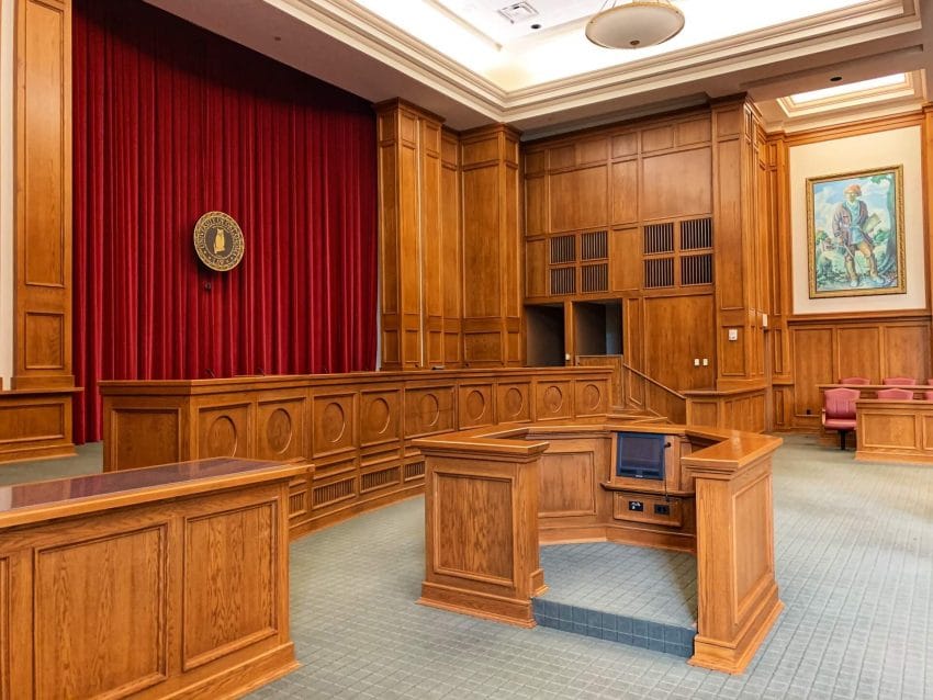 Inside of an empty courtroom