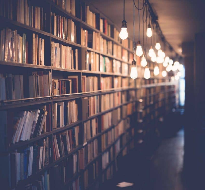 Aisle of books on bookshelves