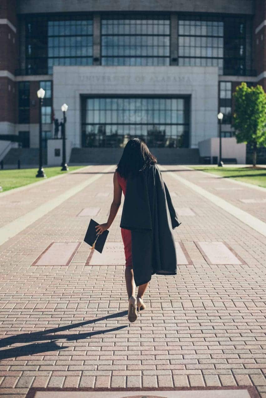 College graduate walking towards building