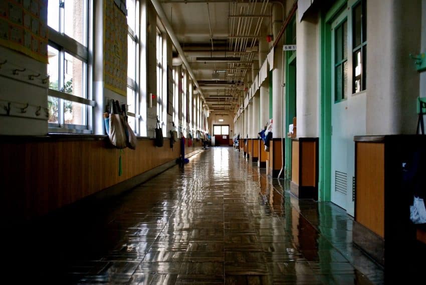 Deserted school hallway