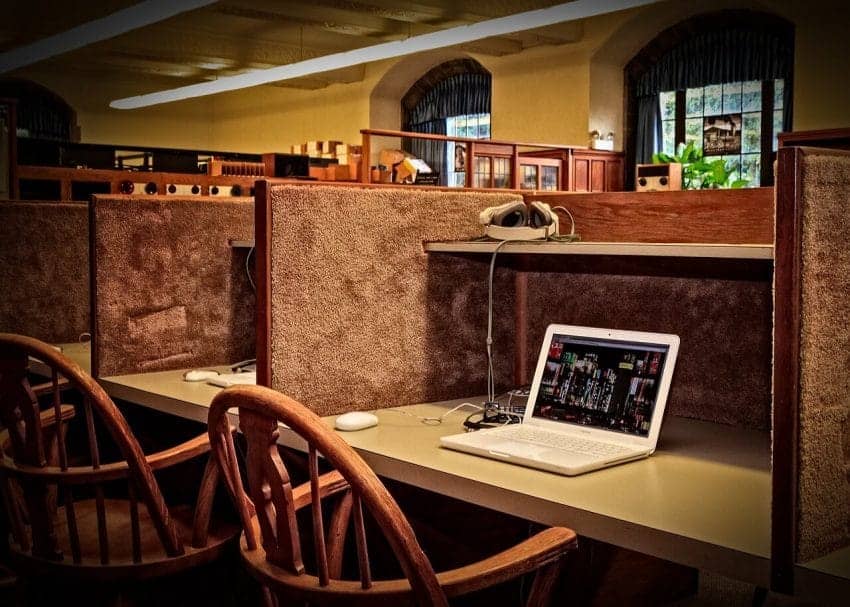 Laptop in a study cubicle in a library