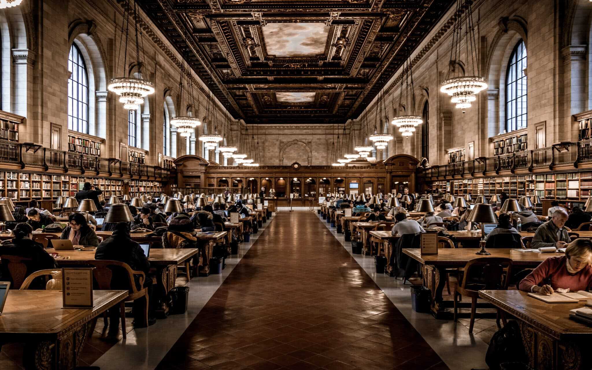 Students studying alone and in groups in a library