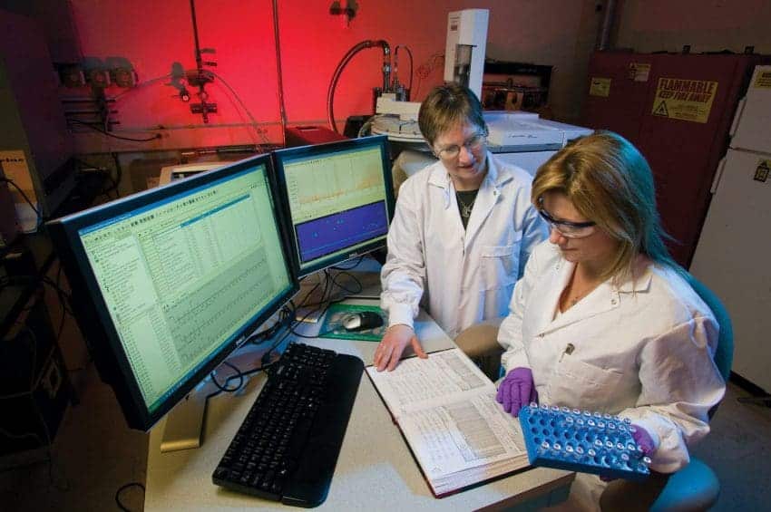 Forensic scientists with evidence and computers