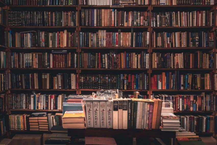 Textbooks on shelves at a bookstore