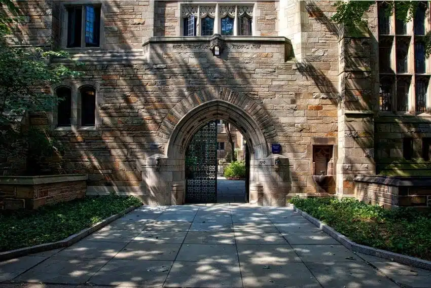Brick university building doorway in shade