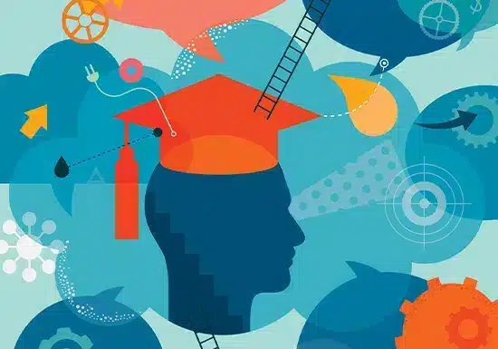 a colorful graphical depiction of graduation caps