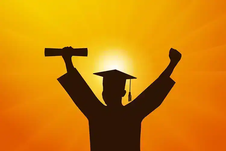 a graphical representation of a college graduate celebrating against the sunset