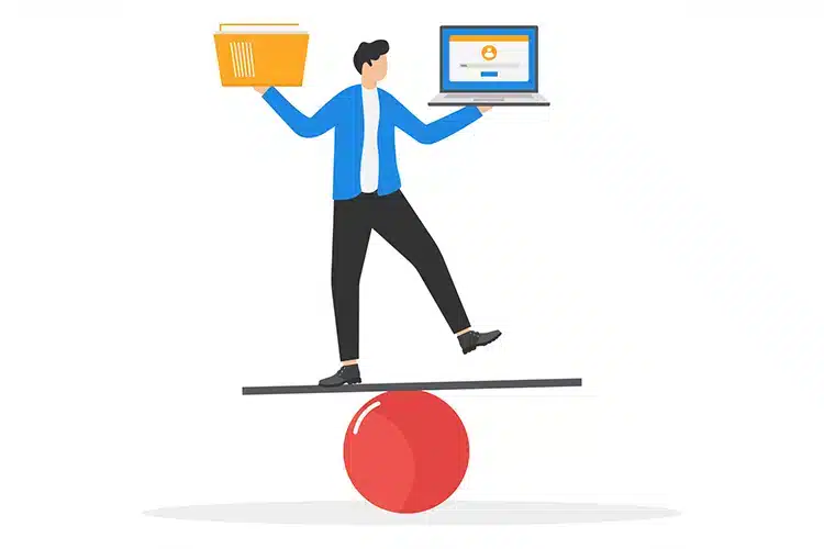 a graphical depiction of a male college student trying to balance studies and leisure