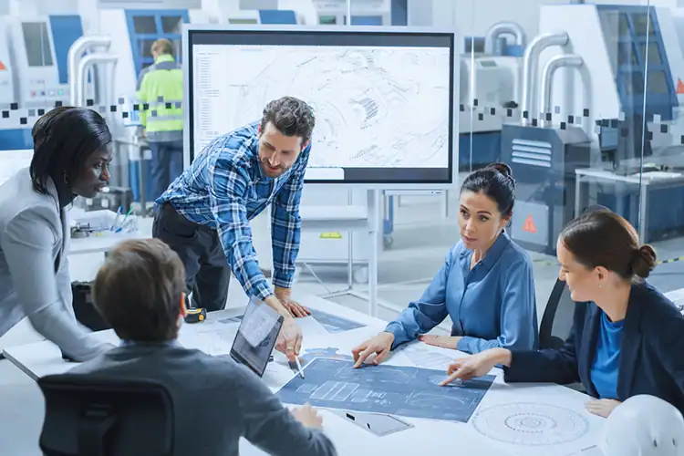 a group of corporate managers working together on a project