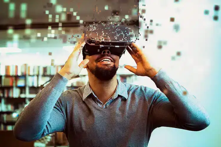 a male college student experiencing the magic of AI